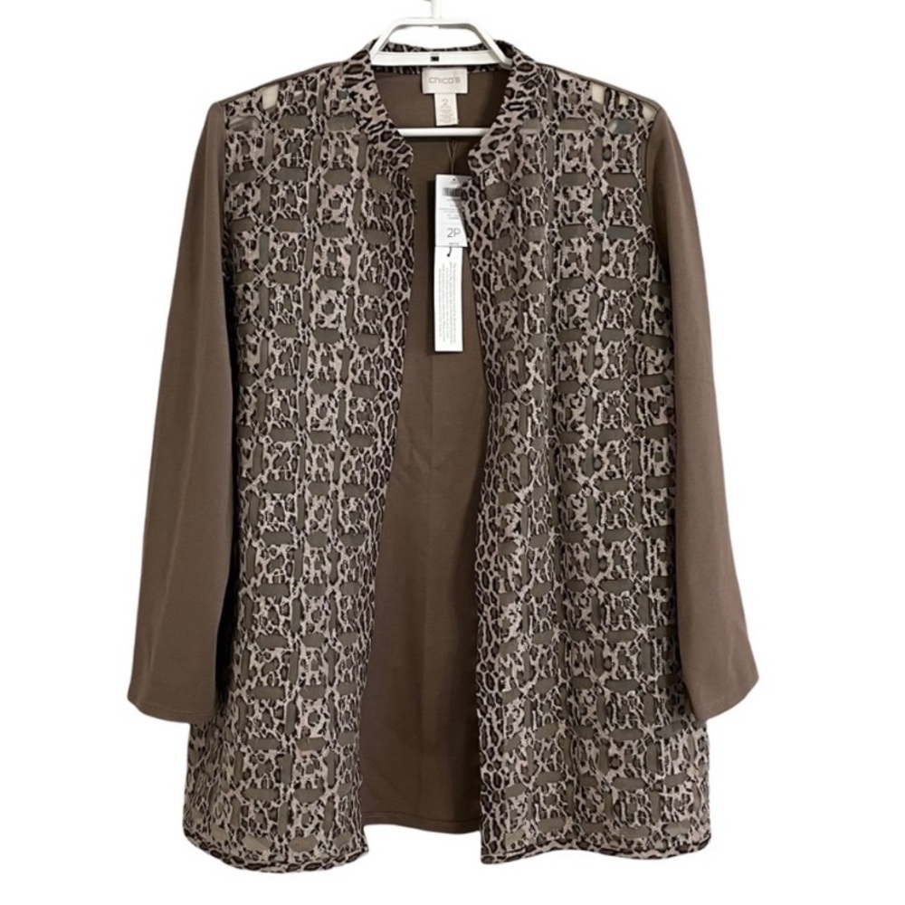 CHICO’s Taupe Leopard Print Mesh Inset Open Front Duster Cardigan - Picture 4 of 16